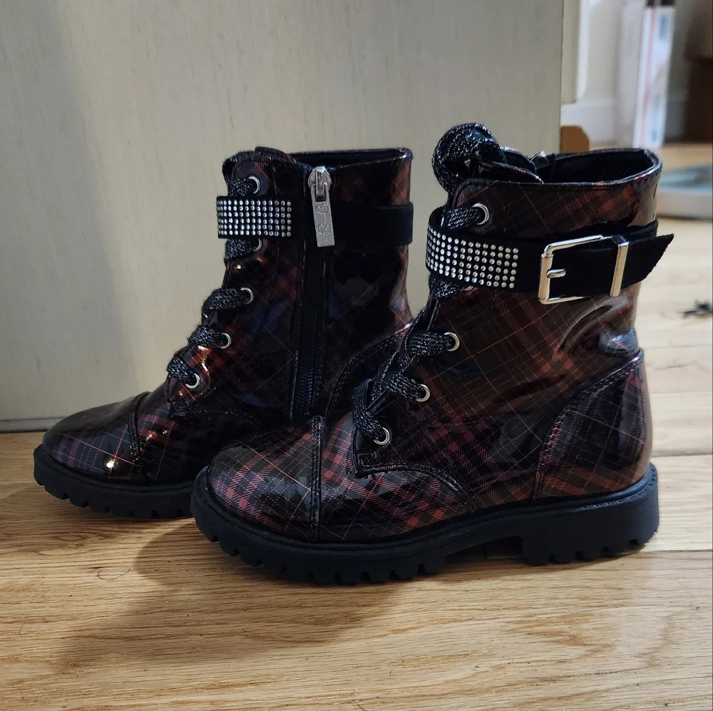 Jessica Simpson Lace Up Boots Zipper Plaid Bedazzle Size 12 Combat Boot